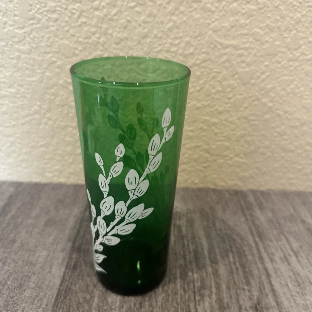 Anchor Hocking Tumbler Forest Green White Plant Buds Retro